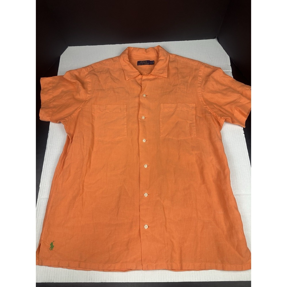 Vintage Polo Ralph Lauren Caldwell Loop Collar Button Shirt L Orange Linen Silk